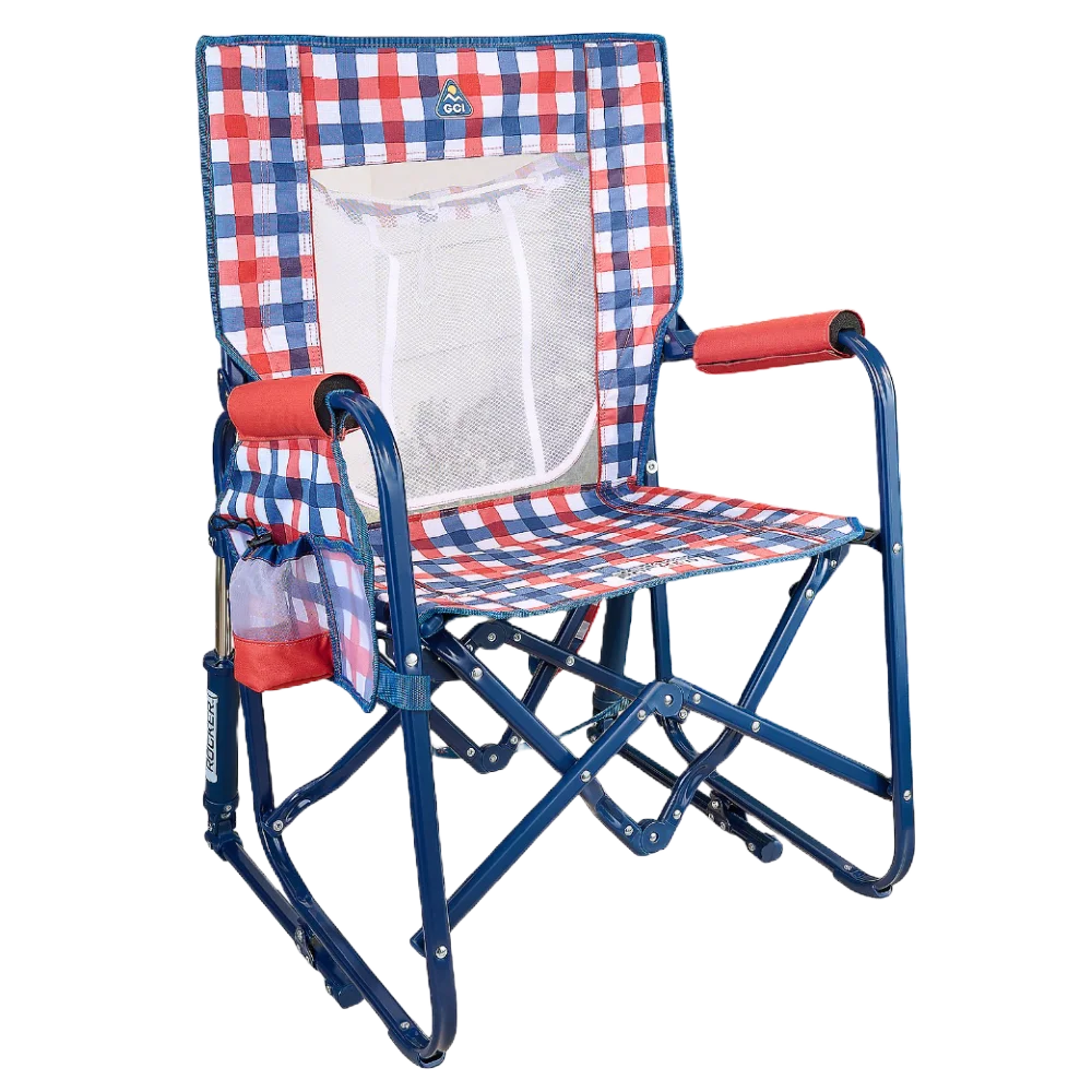 Patented Spring-Action Stowaway Rocker with Storage Pouch - Choice 573 - Patented Spring-Action Rocking Chair for Camping - Patriotic Plaid