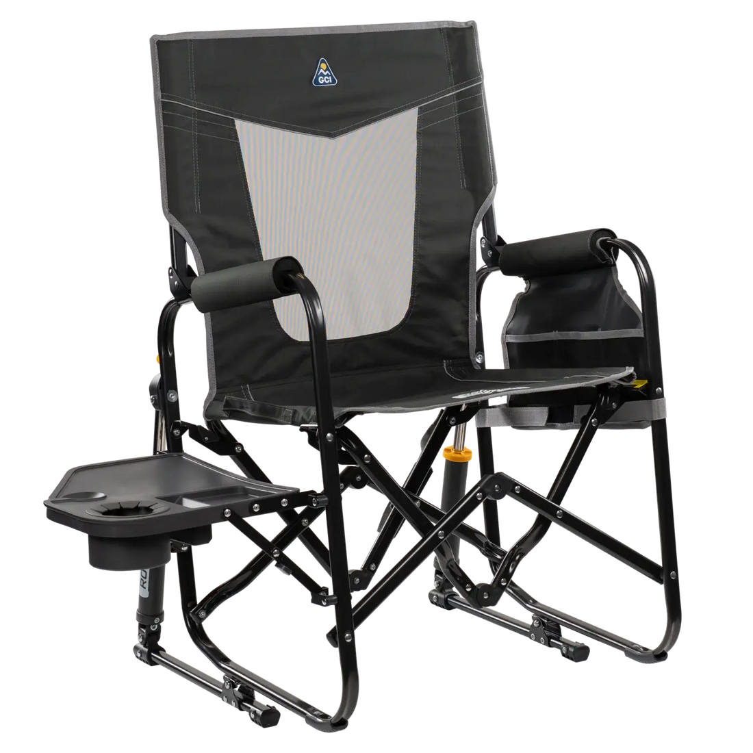 Smooth Motion Stowaway Rocker with Side Table - Choice 253 - Heavy-Duty Kickback Rocker with Beverage Holder - Dark Charcoal